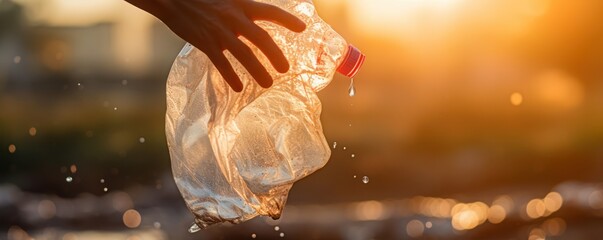 Plastic pollution concept. Human hand throwing plastic bottle into the trash