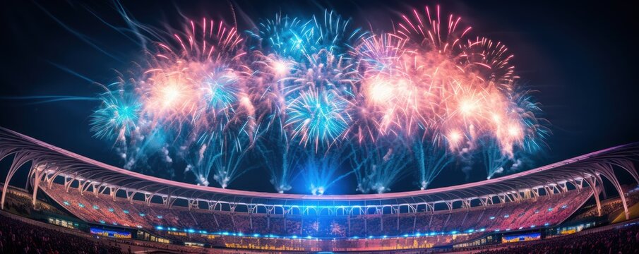 Colorful fireworks over a large football stadium with fans in the background
