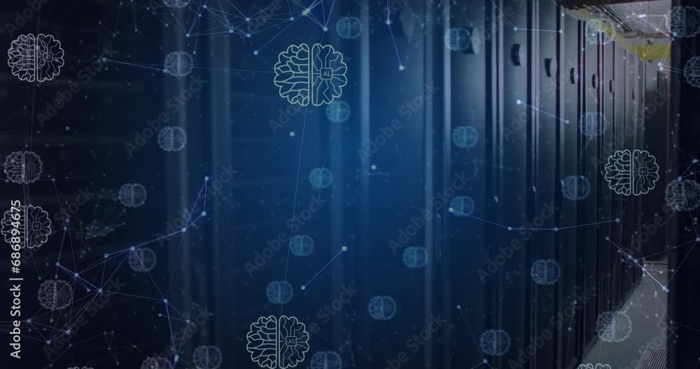 Poster animation of ai brains and networks processing data over computer server room