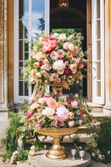 Country wedding, garden and floral decor, beautiful luxurious pink flowers decoration in country style, generative ai