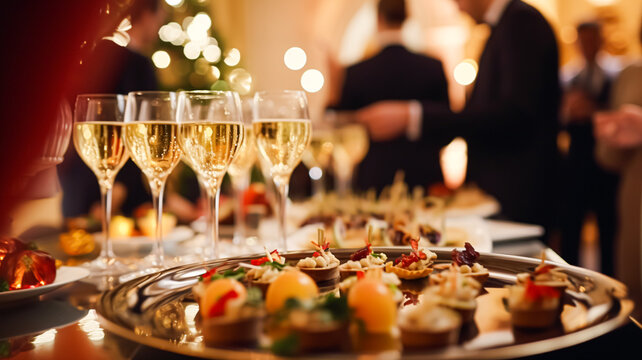 Christmas holidays and New Year celebration, dinner table and guests at a luxury English styled restaurant or hotel, Christmas tree decoration, holiday party and event invitation