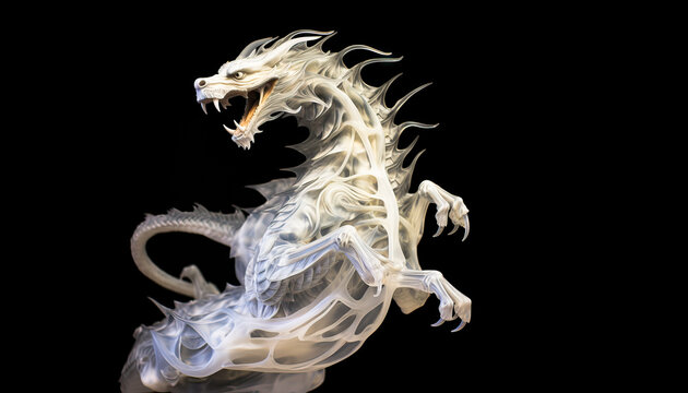 Dragon on black background.  Mythical Mastery, Year of the Dragon Celebrated in a Marble Sculpture.  Chinese New Year. 