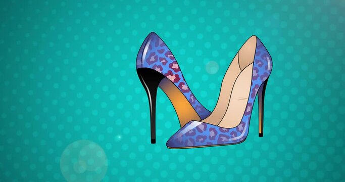 Animation of retro text and blue leopard pattern stiletto shoes on blue