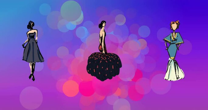 Animation of fashion drawings of women's dresses on blue and pink light spots