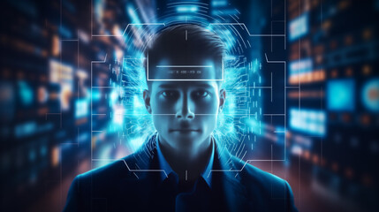 Data & Business Protection, Biometric security identification, face recognition, online access. Cyber security technology.