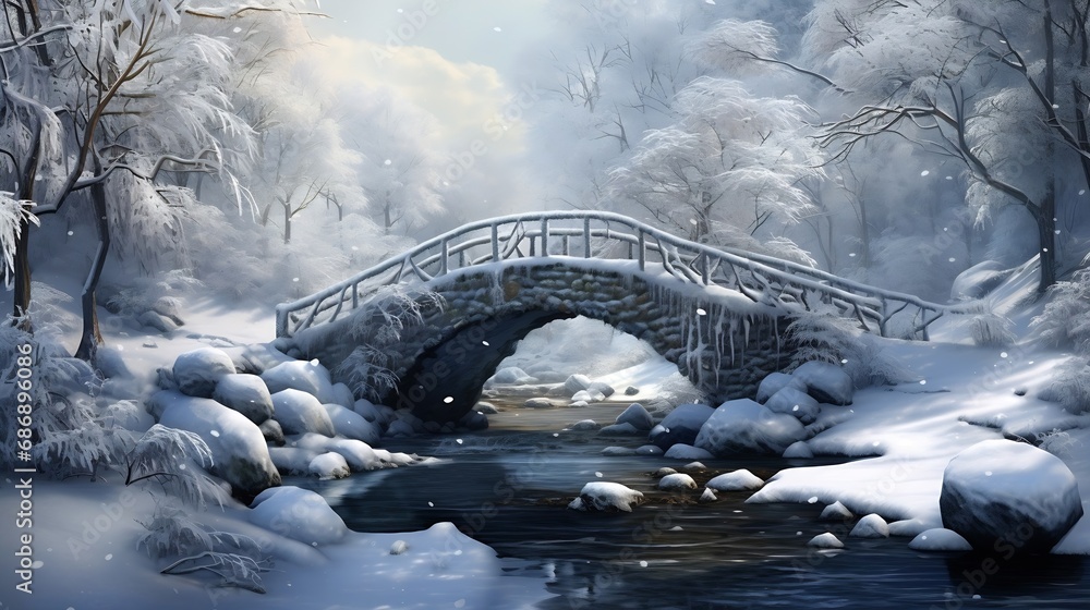 Poster generative ai : a footbridge over a frozen stream among snow-covered fir trees in the park