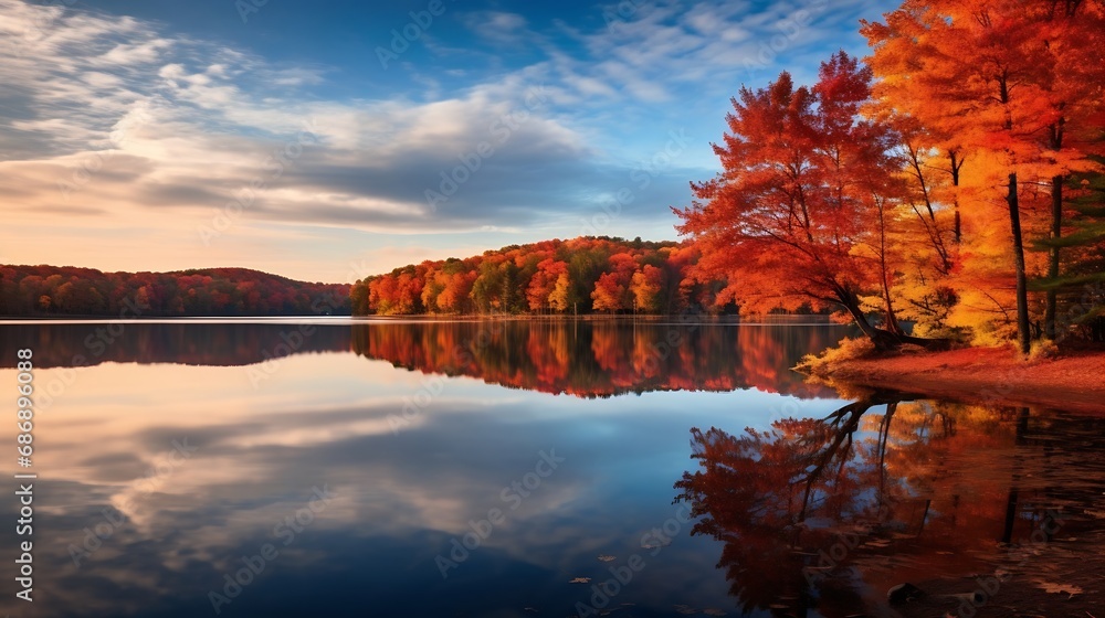 Poster generative ai : tranquil lake reflecting the changing colors of fall.