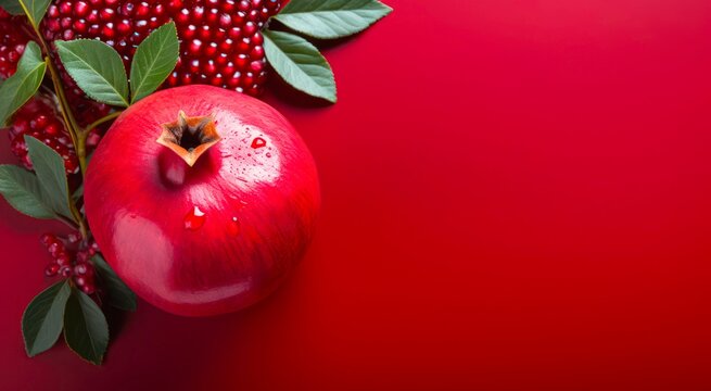 Top view of pomegranate on red background with copy space.