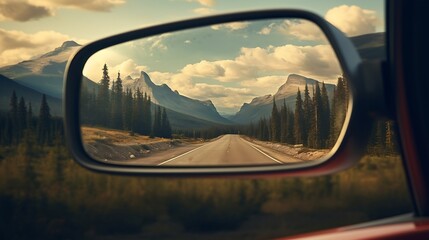 Generative AI : Car mirror reflects life's rearview, symbolizing introspection, hindsight, progress, and the journey ahead - obrazy, fototapety, plakaty