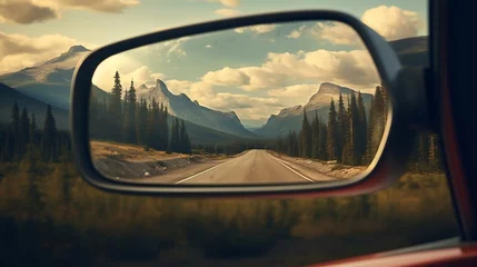 Foto op Canvas Generative AI : Car mirror reflects life's rearview, symbolizing introspection, hindsight, progress, and the journey ahead © The Little Hut