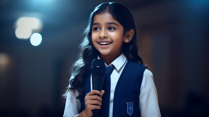 Generative AI : A happy south indian 10 year old girl in school uniform holding a mic in her hand. - obrazy, fototapety, plakaty
