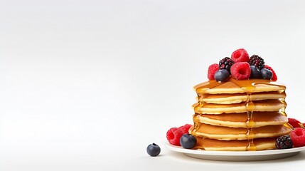Generative AI : Plate with tasty pancakes and berries on white background