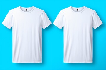 The front and back sides of the white T-shirt isolated on a blue background.