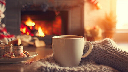 Obraz na płótnie Canvas Holiday bliss: A woman sips a hot drink while her feet stay warm in woollen socks by the Christmas hearth.
