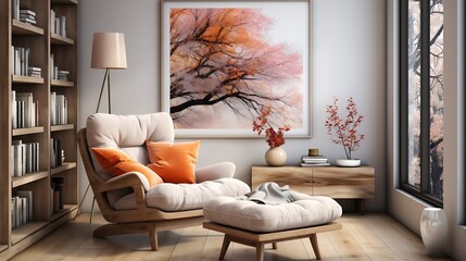 Generative AI : an apartment room, white walls, Cozy library, chair, poster