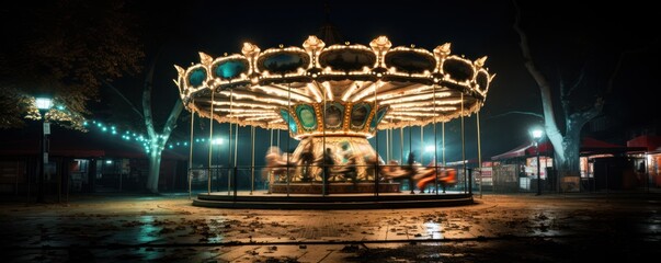 Merry-go-round carousel in amusement park at night