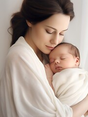 Fototapeta na wymiar Generative AI : Pretty woman holding a newborn baby in her arms