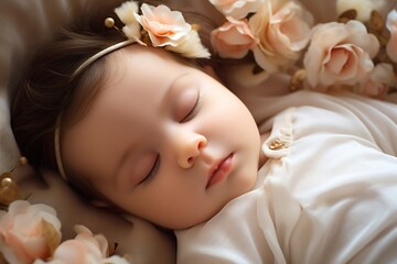 Obraz na płótnie Canvas Generative AI : Close-up of newborn baby girl lying on bed