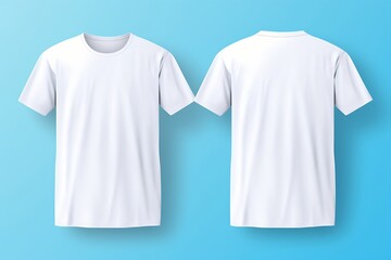 The front and back sides of the white T-shirt isolated on a blue background.
