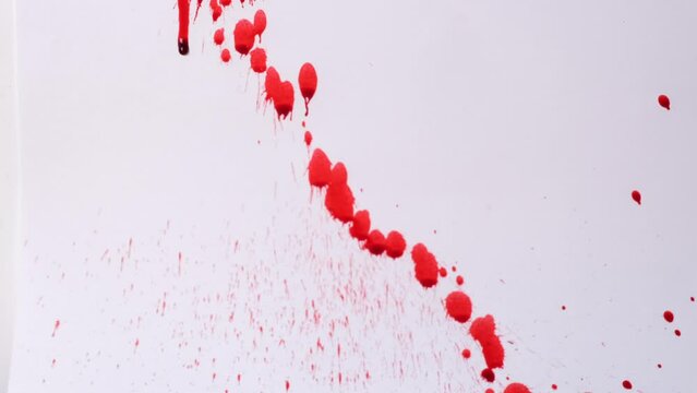Streams and splashes of red paint or blood pour onto a white background. Concept of war, struggle, violence, conflict