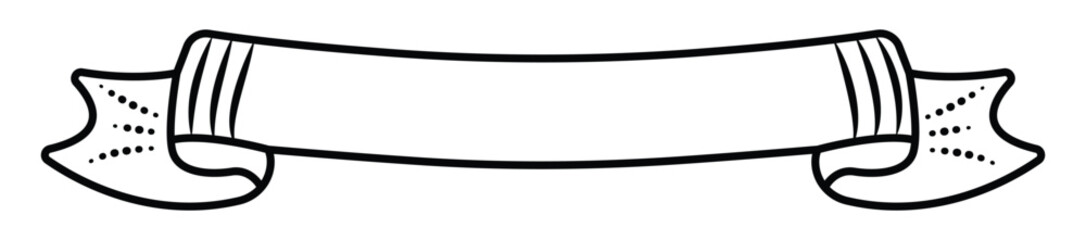 Black line empty ribbon banner, simple festive monochrome vector doodle of headline template