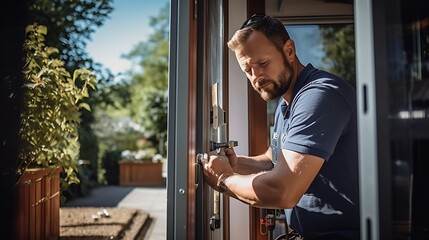 Generative AI : A young locksmith is fixing the lock cylinder on the front door of a house