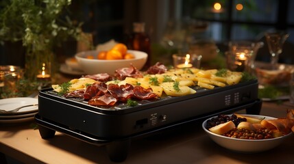 Photo of hot vegetables and sausage on raclette. - obrazy, fototapety, plakaty