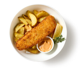 bowl of breaded fish fillet and fried potato wedges