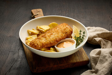 bowl of breaded fish fillet and fried potato wedges