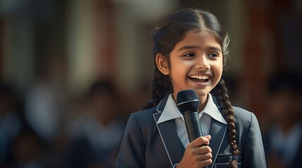 Generative AI : A happy south indian 10 year old girl in school uniform holding a mic in her hand. - obrazy, fototapety, plakaty