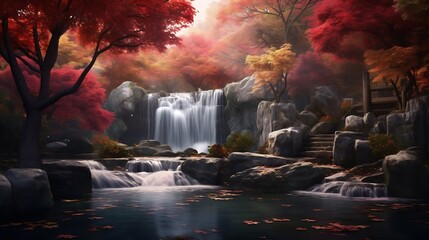 Generative AI : Peaceful waterfall surrounded by autumn foliage.