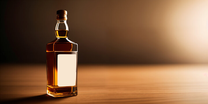 Glass bottle of whiskey on wood table