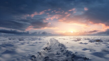 Generative AI : Snow-covered country road through the fields