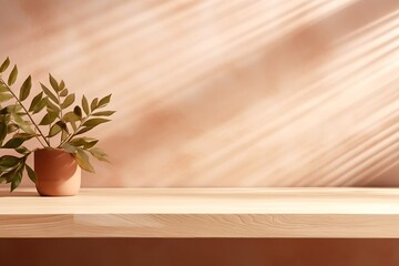 Blank brown wooden counter table, bamboo in cream vase in soft sunlight