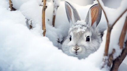 Generative AI : rabbit outdoors in the snow, snowflakes on the head, watching