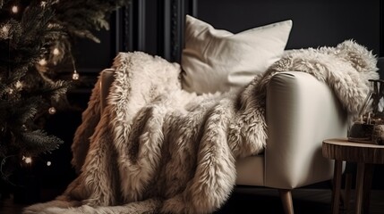 Ivory snuggle chair with fur plush blanket near decorated christmas tree. Hygge new year winter holiday home interior design of modern living room. The concept of holiday surprise, New Year.