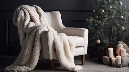 Ivory snuggle chair with fur plush blanket near decorated christmas tree. Hygge new year winter...