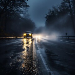 dangerous autumn road in fog and rain, slippery asphalt twilight on the highway car concept background © Jan
