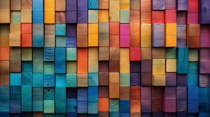 Background of colorful wooden blocks aligned. Wide format. Hand edited. AI generated.