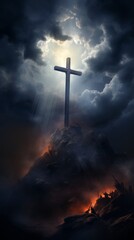 Obraz premium Holy cross of Jesus Christ with the sky over Golgotha Hill is shrouded in light and clouds. AI generated.