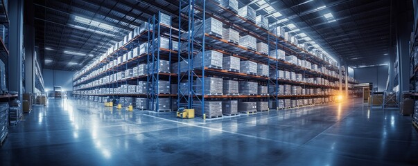 Huge Distribution Warehouse with high shelves. Logistic banner concept. Ai generated.