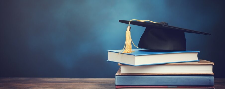 Graduation hat and stack of study books. Concept of learning, education and graduation with copy space for text. AI generated.