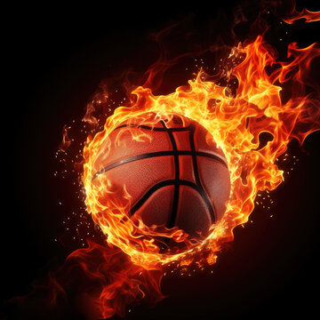 Fiery basketball ball flying into the basket, black background