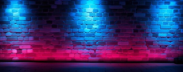Texture of not plastered brick walls with neon lights. Lighting effect red and blue neon background. AI generated.