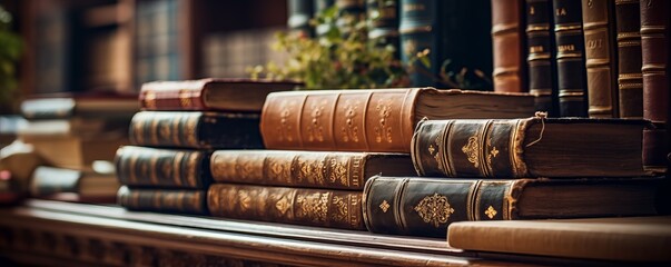 Old books in a library, background. AI generated.