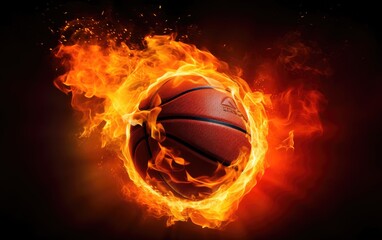 Obraz premium Fiery basketball ball flying into the basket, black background