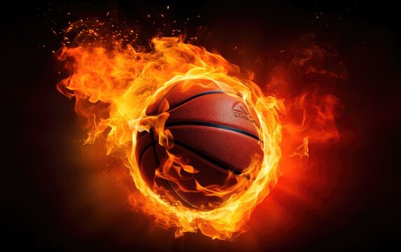 Fiery basketball ball flying into the basket, black background