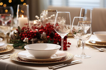 White Christmas family dinner table, with dish sets, bowl plate underplate, wine glasses, cutlery, red decoration in the middle, beige aesthetic.