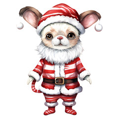 Cute Chihuahua Santa Claus Merry Christmas Watercolor Clipart Illustration