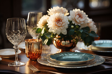 Fototapeta na wymiar Elegant date table with white plates, wine glasses, cooper pot with white flowers and a candle on a bronze color surface and a blurred cafe in the background.
